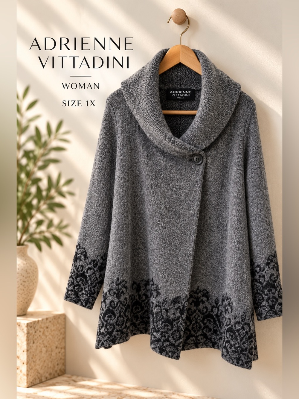 Adrienne Vittadini Woman Gray Wool Blend Leopard Jacquard Cardigan US 1X